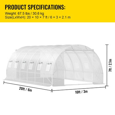 Walk-in Greenhouse 20'x10'x7' Hot Planter House Gardening Galvanized Frame White