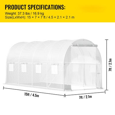 Walk-in Tunnel Greenhouse Galvanized Frame Waterproof 15x6.5x7 ft