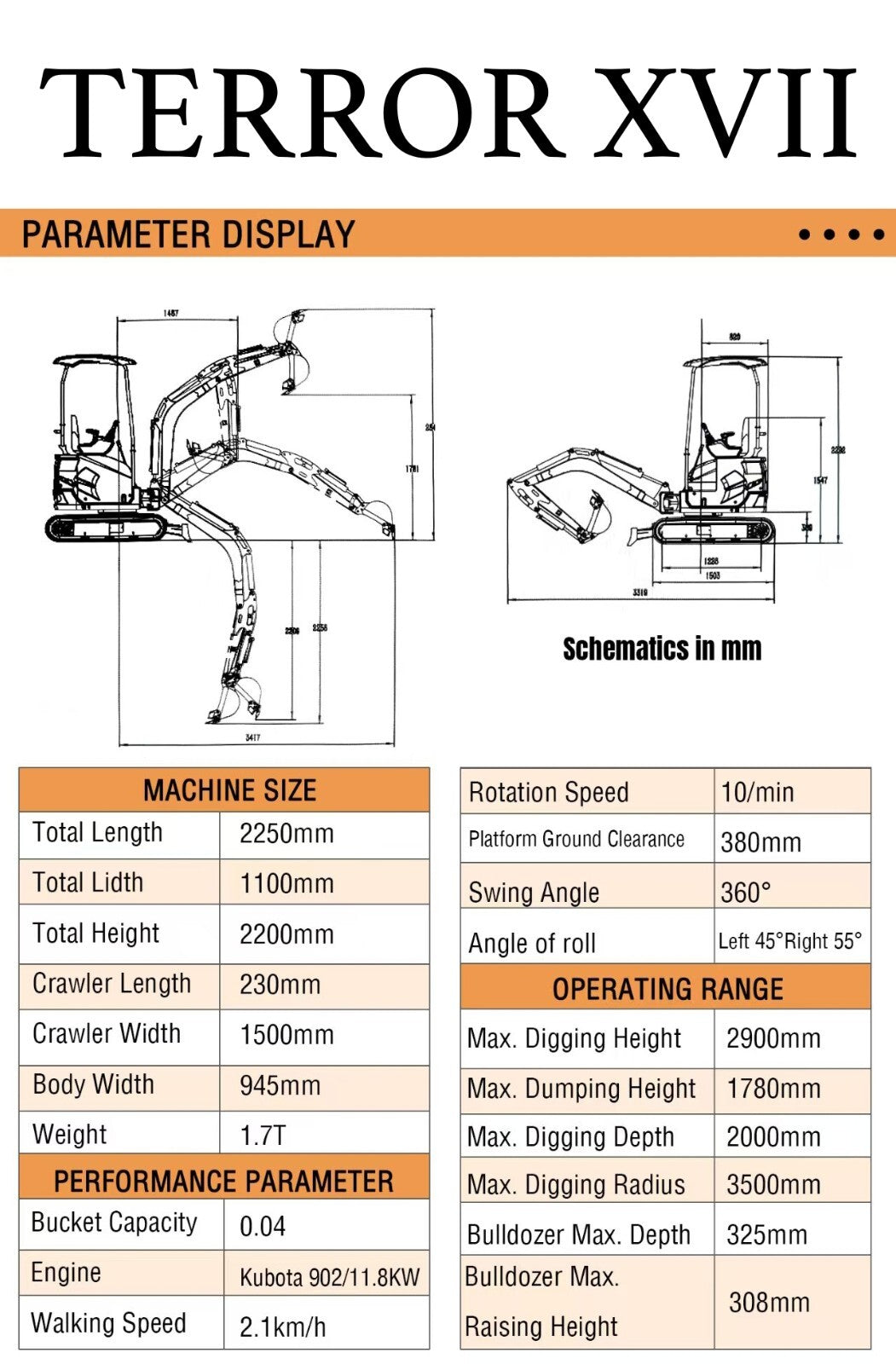 New Mini Excavator EPA certified USA KUBOTA Diesel D902 crawler