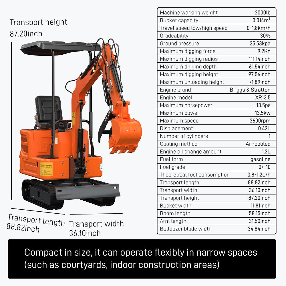 13.5HP 1 TON Mini Excavator B&S EPA Engine Hydraulic Thumb Digger