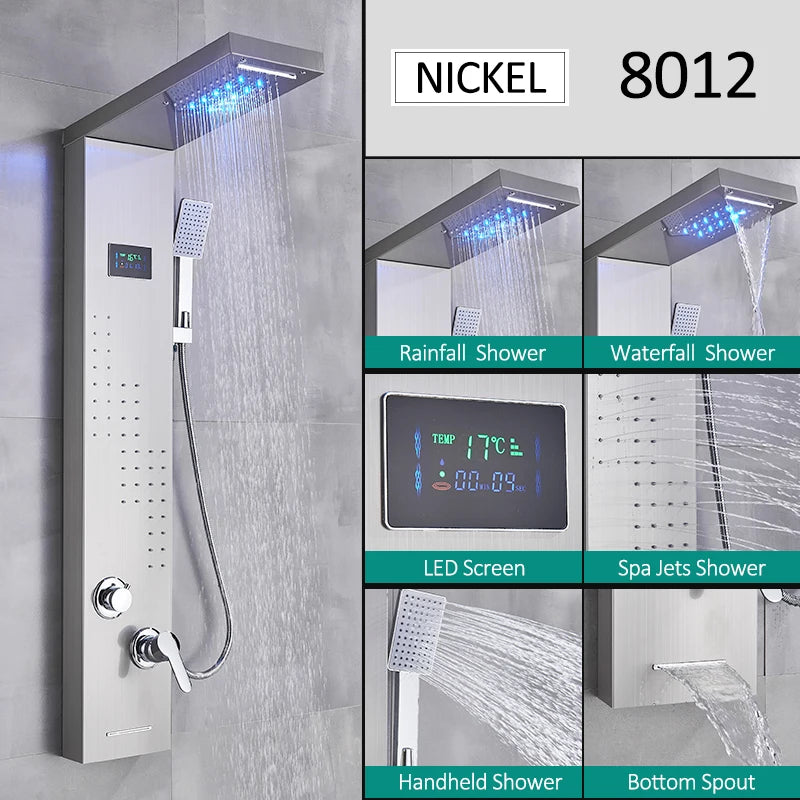 LED Shower Panel Tower System with Rainfall & Waterfall, Hydroelectric LCD Display, Body Massage Jets & Thermostatic Faucet – Black Stainless Steel
