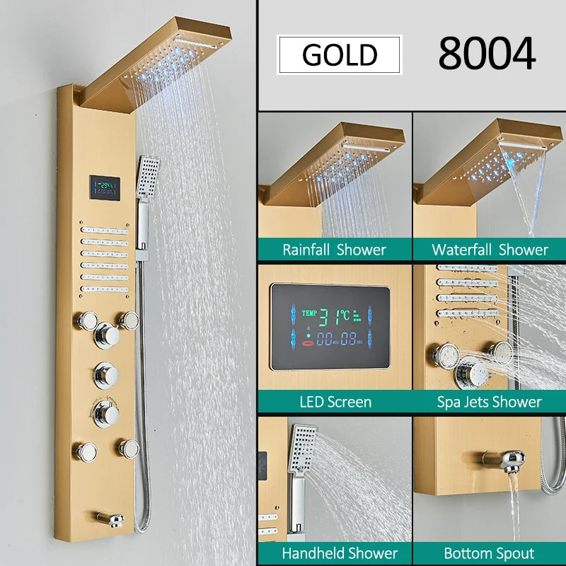 LED Shower Panel Tower System with Rainfall & Waterfall, Hydroelectric LCD Display, Body Massage Jets & Thermostatic Faucet – Black Stainless Steel
