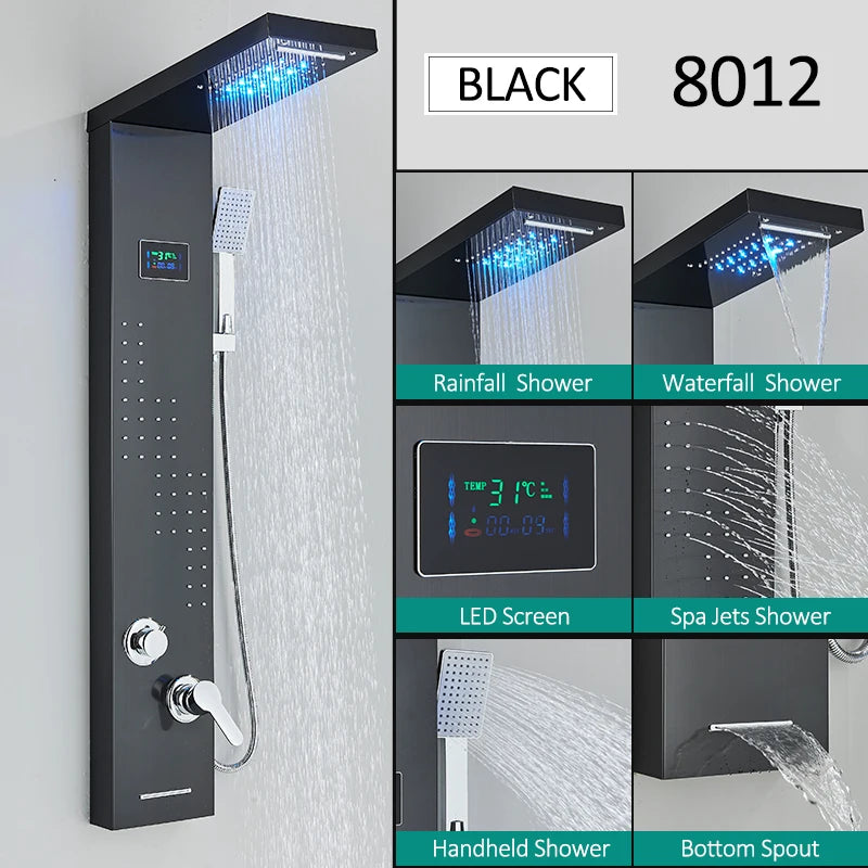 LED Shower Panel Tower System with Rainfall & Waterfall, Hydroelectric LCD Display, Body Massage Jets & Thermostatic Faucet – Black Stainless Steel