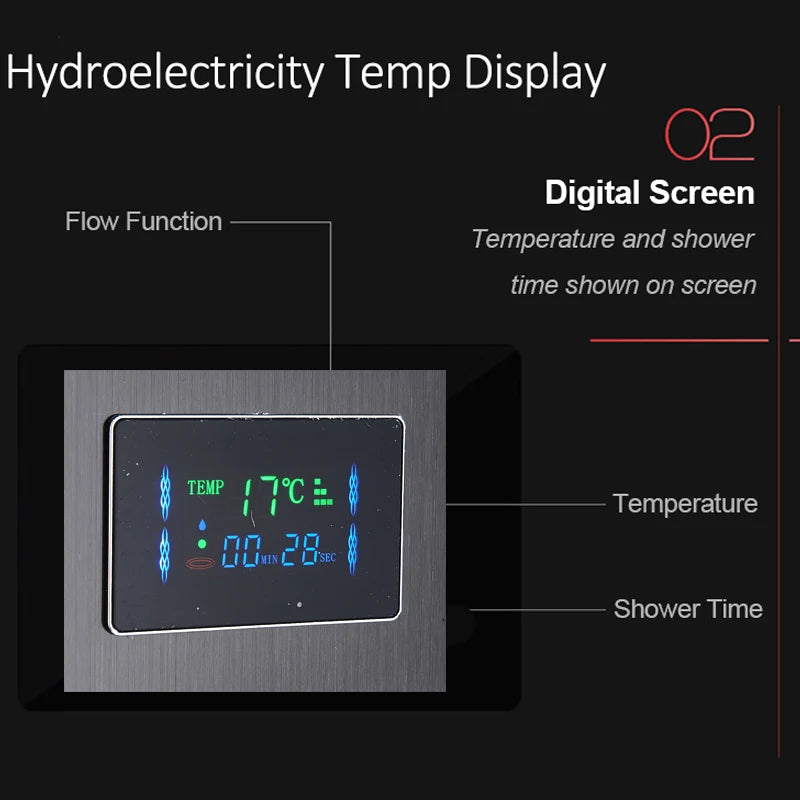 LED Shower Panel Tower System with Rainfall & Waterfall, Hydroelectric LCD Display, Body Massage Jets & Thermostatic Faucet – Black Stainless Steel