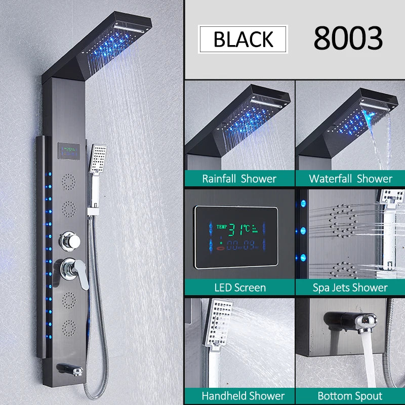 LED Shower Panel Tower System with Rainfall & Waterfall, Hydroelectric LCD Display, Body Massage Jets & Thermostatic Faucet – Black Stainless Steel