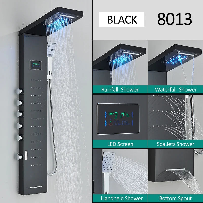 LED Shower Panel Tower System with Rainfall & Waterfall, Hydroelectric LCD Display, Body Massage Jets & Thermostatic Faucet – Black Stainless Steel