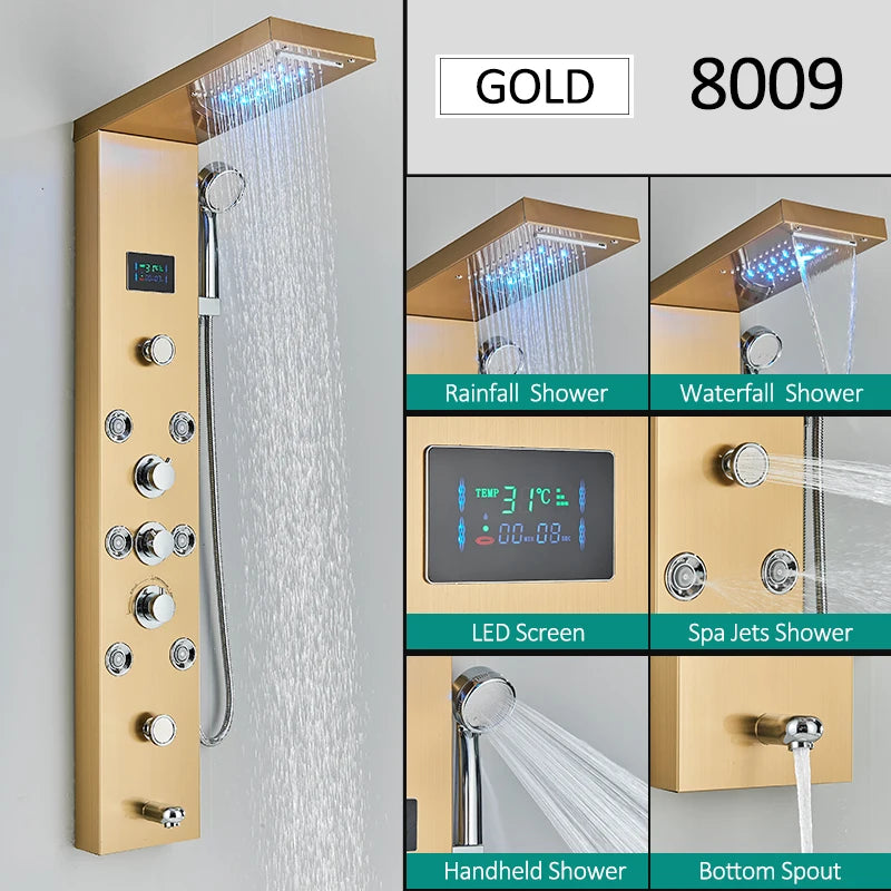 LED Shower Panel Tower System with Rainfall & Waterfall, Hydroelectric LCD Display, Body Massage Jets & Thermostatic Faucet – Black Stainless Steel