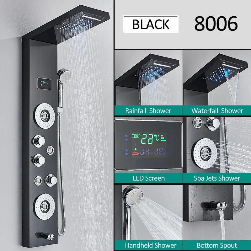 LED Shower Panel Tower System with Rainfall & Waterfall, Hydroelectric LCD Display, Body Massage Jets & Thermostatic Faucet – Black Stainless Steel