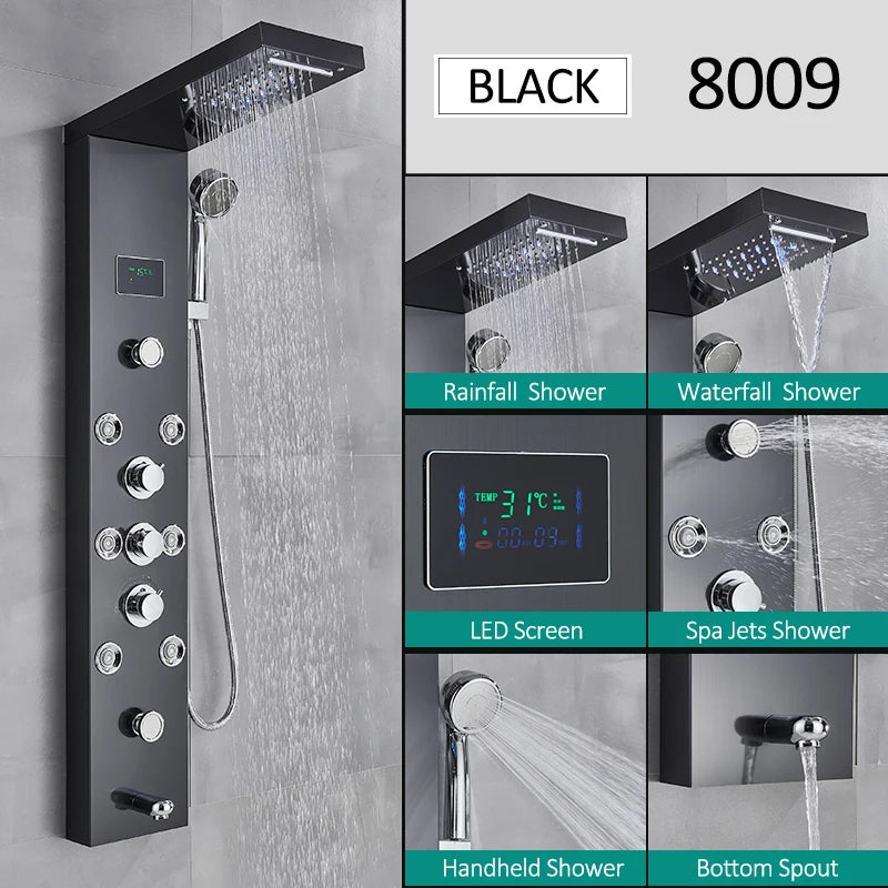 LED Shower Panel Tower System with Rainfall & Waterfall, Hydroelectric LCD Display, Body Massage Jets & Thermostatic Faucet – Black Stainless Steel