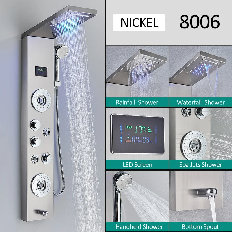 LED Shower Panel Tower System with Rainfall & Waterfall, Hydroelectric LCD Display, Body Massage Jets & Thermostatic Faucet – Black Stainless Steel