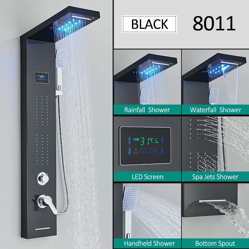 LED Shower Panel Tower System with Rainfall & Waterfall, Hydroelectric LCD Display, Body Massage Jets & Thermostatic Faucet – Black Stainless Steel
