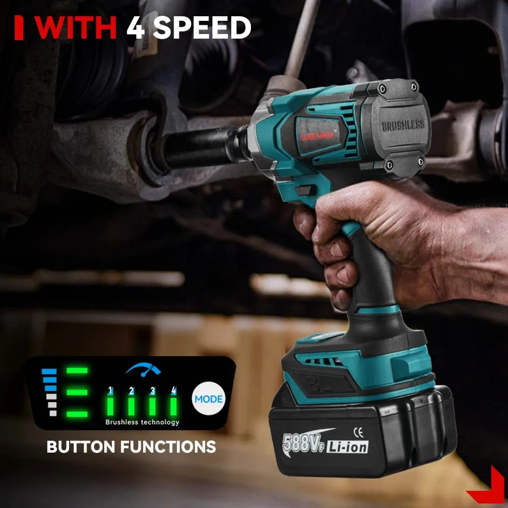 ONEVAN 1200N.M Brushless Cordless Electric Impact Wrench 1/2" | 3-in-1 Power Tool with Drill & Screwdriver Function – For Makita 18V Battery