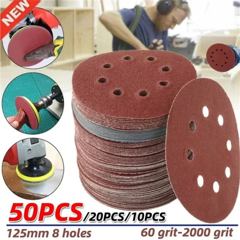 125mm 8-Hole Sanding Discs for Wood & Metal – 40 to 2000 Grit | Abrasive Polishing Grinding Pads