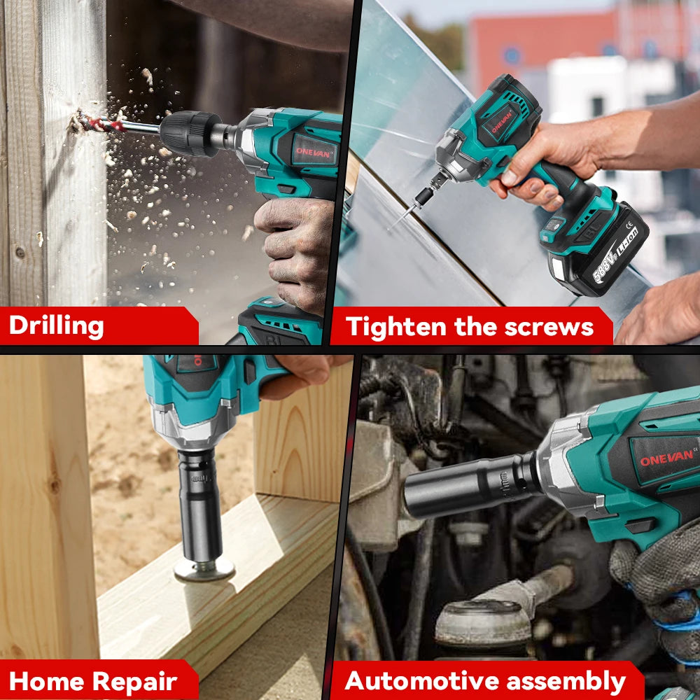 ONEVAN 1200N.M Brushless Cordless Electric Impact Wrench 1/2" | 3-in-1 Power Tool with Drill & Screwdriver Function – For Makita 18V Battery