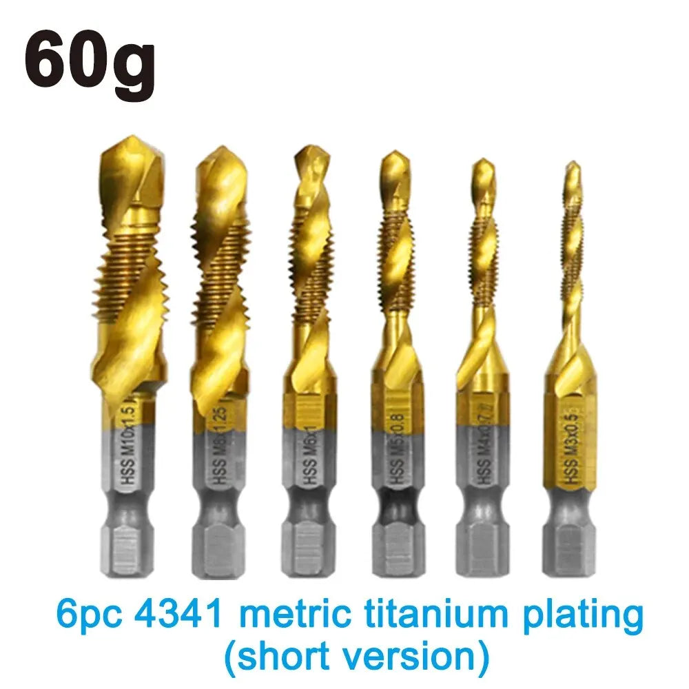 6PCS Titanium-Plated 4341 HSS Composite Tap and Drill Set – Integrated Tapping & Chamfering Tool Kit for Metal & Wood