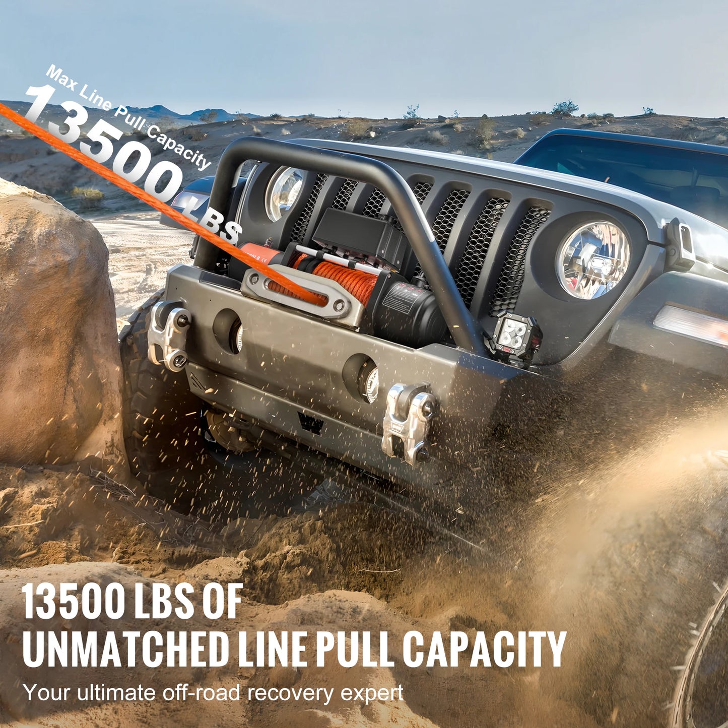 13500lb Electric Winch with 80ft Synthetic Rope & Wireless/Wired Remote – 12V Off-Road Recovery Tool