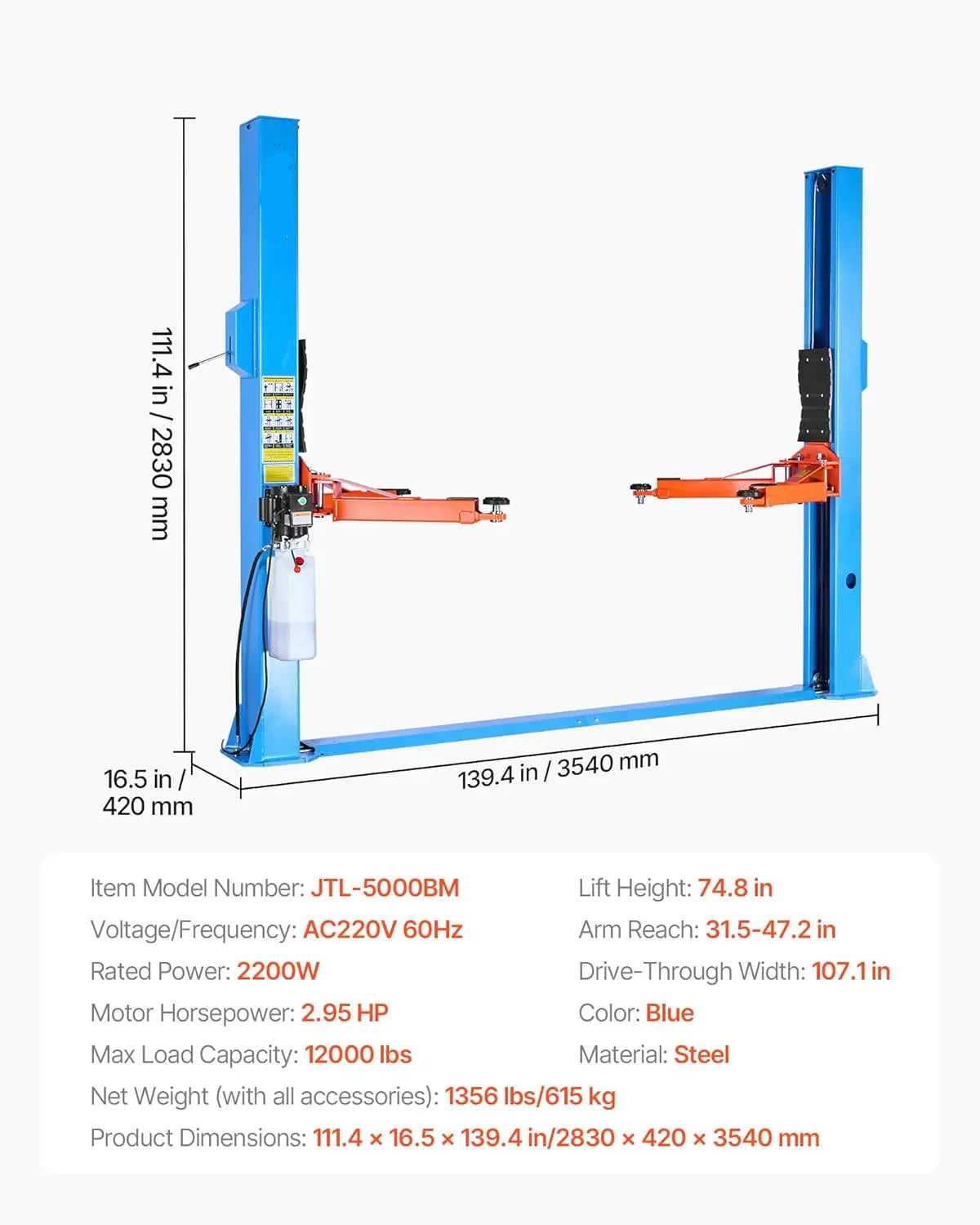 2 Post Lift, 12000 lbs Capacity, 220V 2.95 HP Powerful Motor, Two Post Car Lift Auto Hoist for Sedan SUV Pickup, Autom
