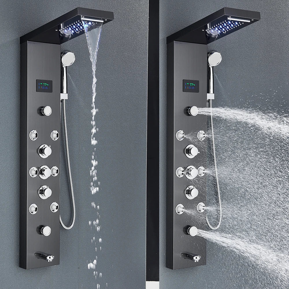 LED Shower Panel Tower System with Rainfall & Waterfall, Hydroelectric LCD Display, Body Massage Jets & Thermostatic Faucet – Black Stainless Steel