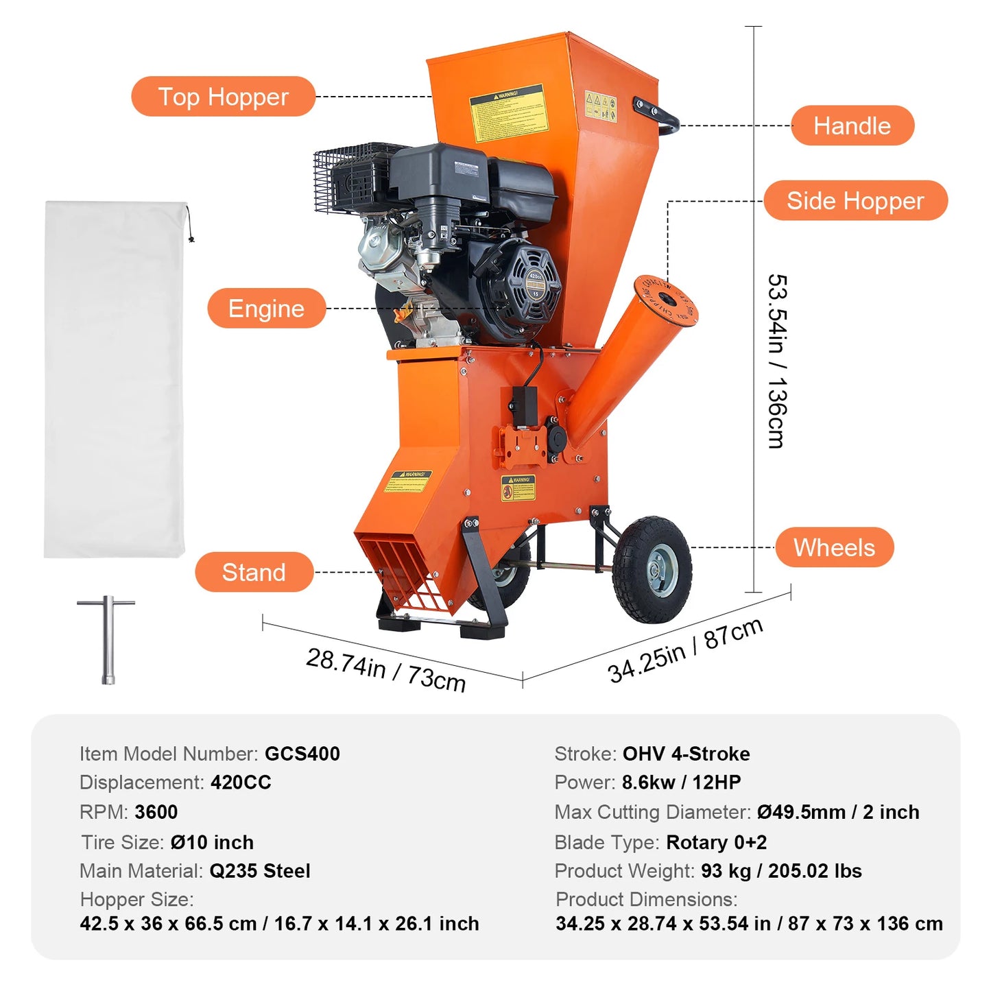 Wood Chipper Shredder Mulcher Heavy Duty Gas Powered 4.1/8.6KW Woodchipper Fast Wood Chipping Chopping for Forestry