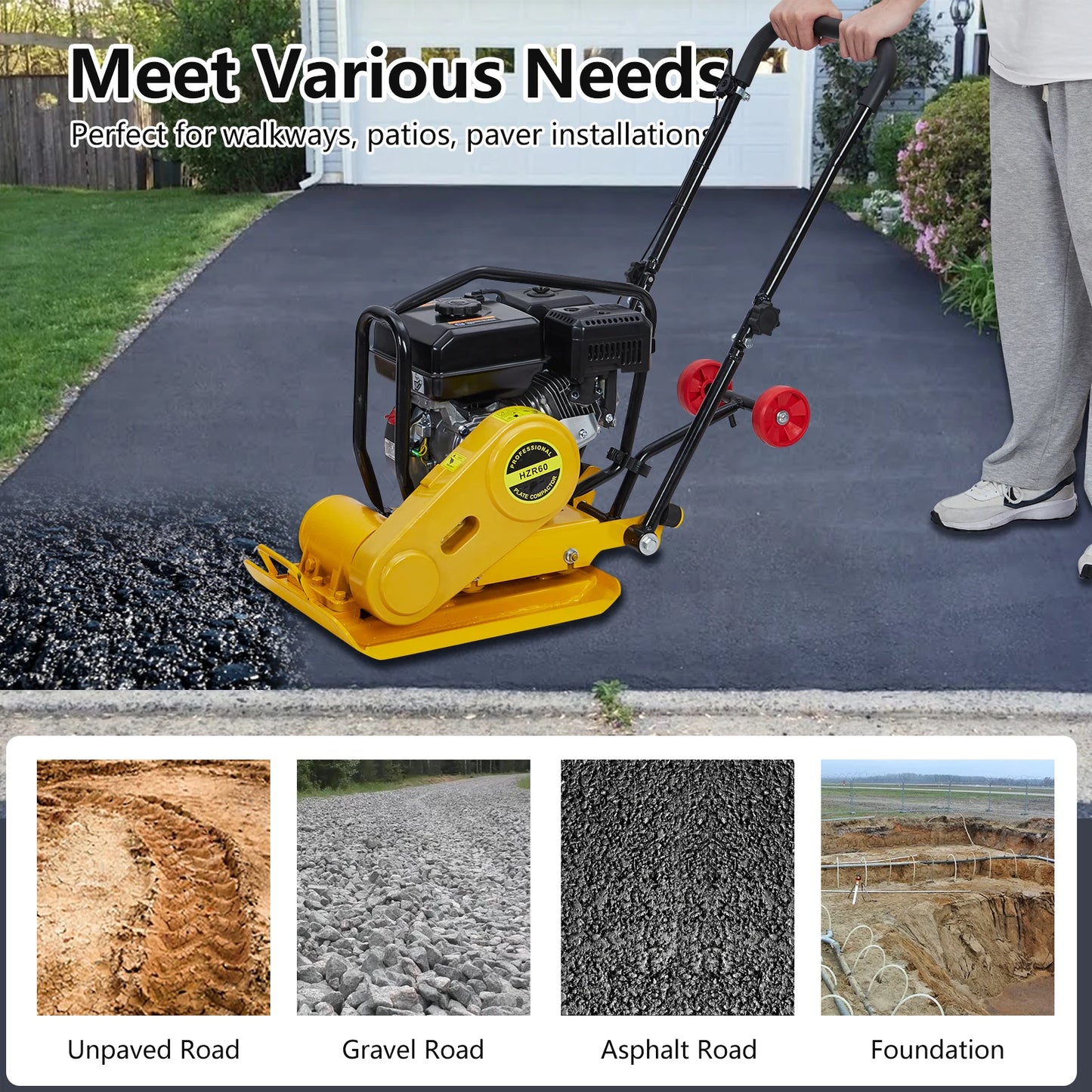 7HP Plate Compactor Rammer, 212CC Gas Engine, 4200lbs Compaction Force Rammer Jumping Jack Tamper, 22.1x15.9 Inch Plate