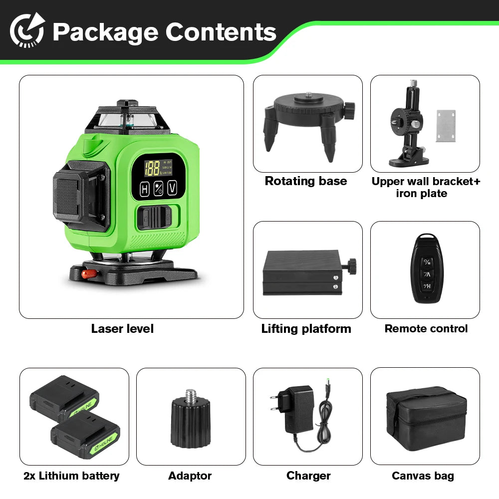 Laser Level 360° | Green Beam w/ Remote & Tripod | 16-Line 4D