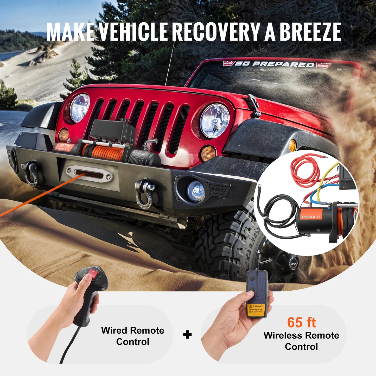 13500lb Electric Winch with 80ft Synthetic Rope & Wireless/Wired Remote – 12V Off-Road Recovery Tool