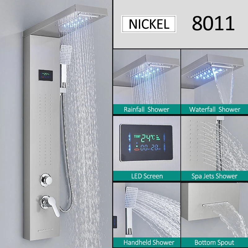 LED Shower Panel Tower System with Rainfall & Waterfall, Hydroelectric LCD Display, Body Massage Jets & Thermostatic Faucet – Black Stainless Steel