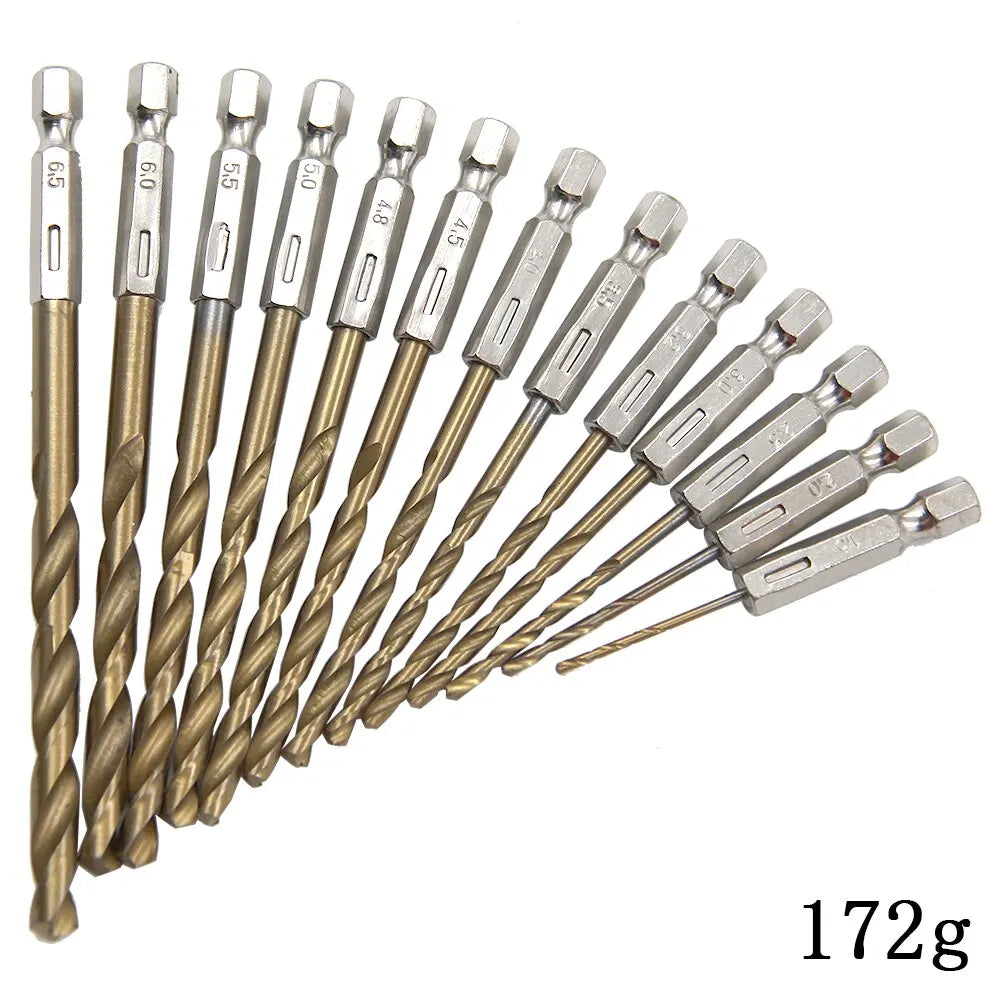 13PCS Hex Shank Titanium Plated Twist Drill Bit Set 1.5–6.5mm for Wood Plastic Metal – Electric Screwdriver Reaming Tools