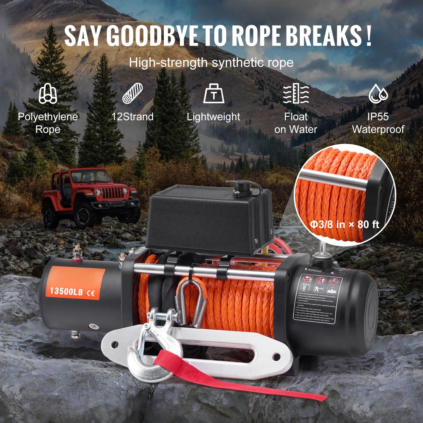 13500lb Electric Winch with 80ft Synthetic Rope & Wireless/Wired Remote – 12V Off-Road Recovery Tool