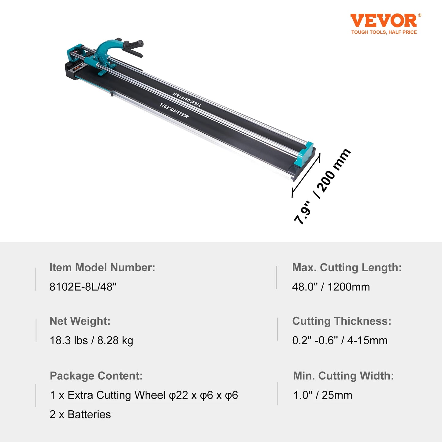Manual Tile Cutter (8106C-8L) 48" with Infrared Positioning 48-Inch– Heavy-Duty Porcelain & Ceramic Tile Cutter with Tungsten Carbide Blade