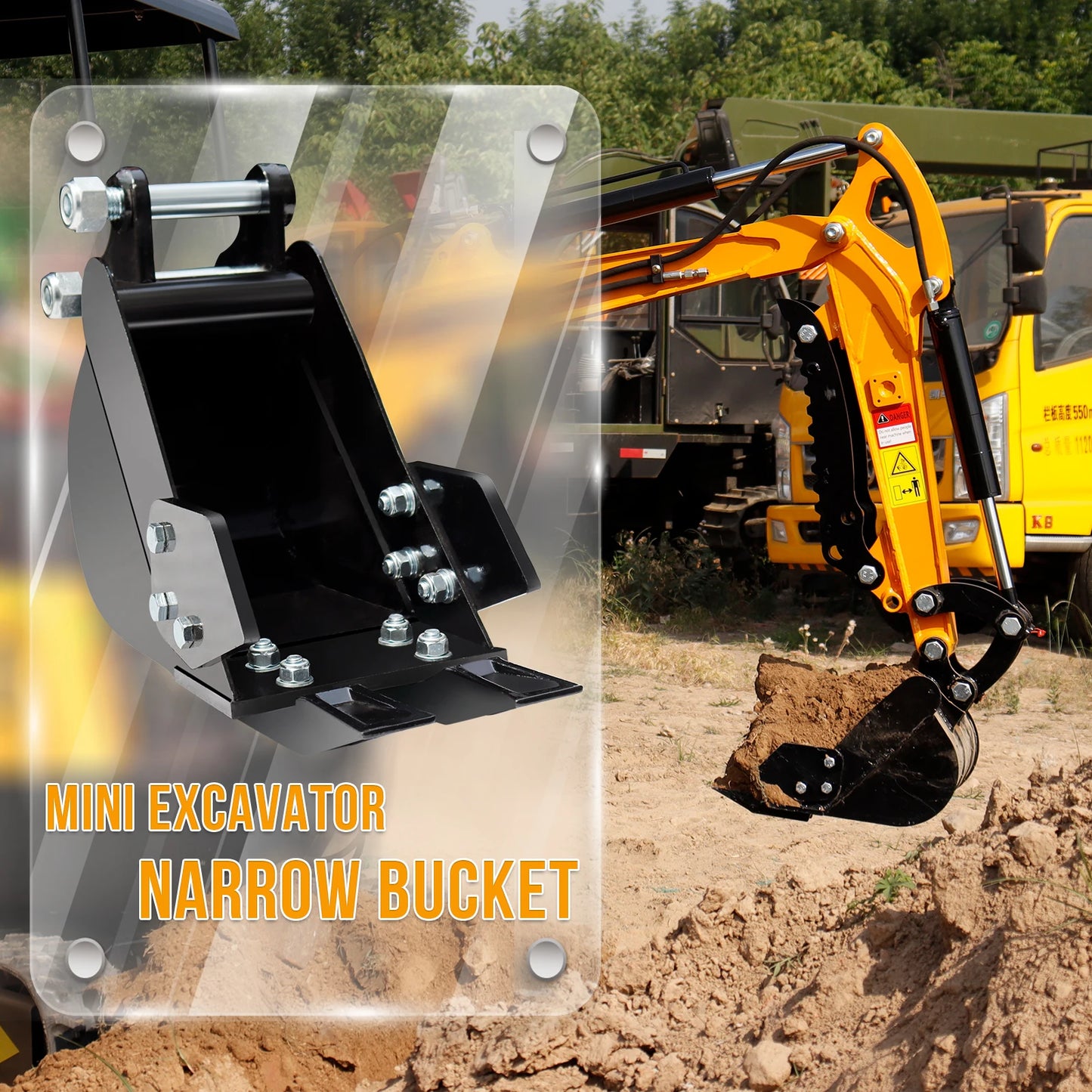 Narrow Digging Bucket for 1–1.5 Ton Mini Excavator | 200mm (7.9") | USA Stock | 25mm Pin, 88mm Center, 90mm Span