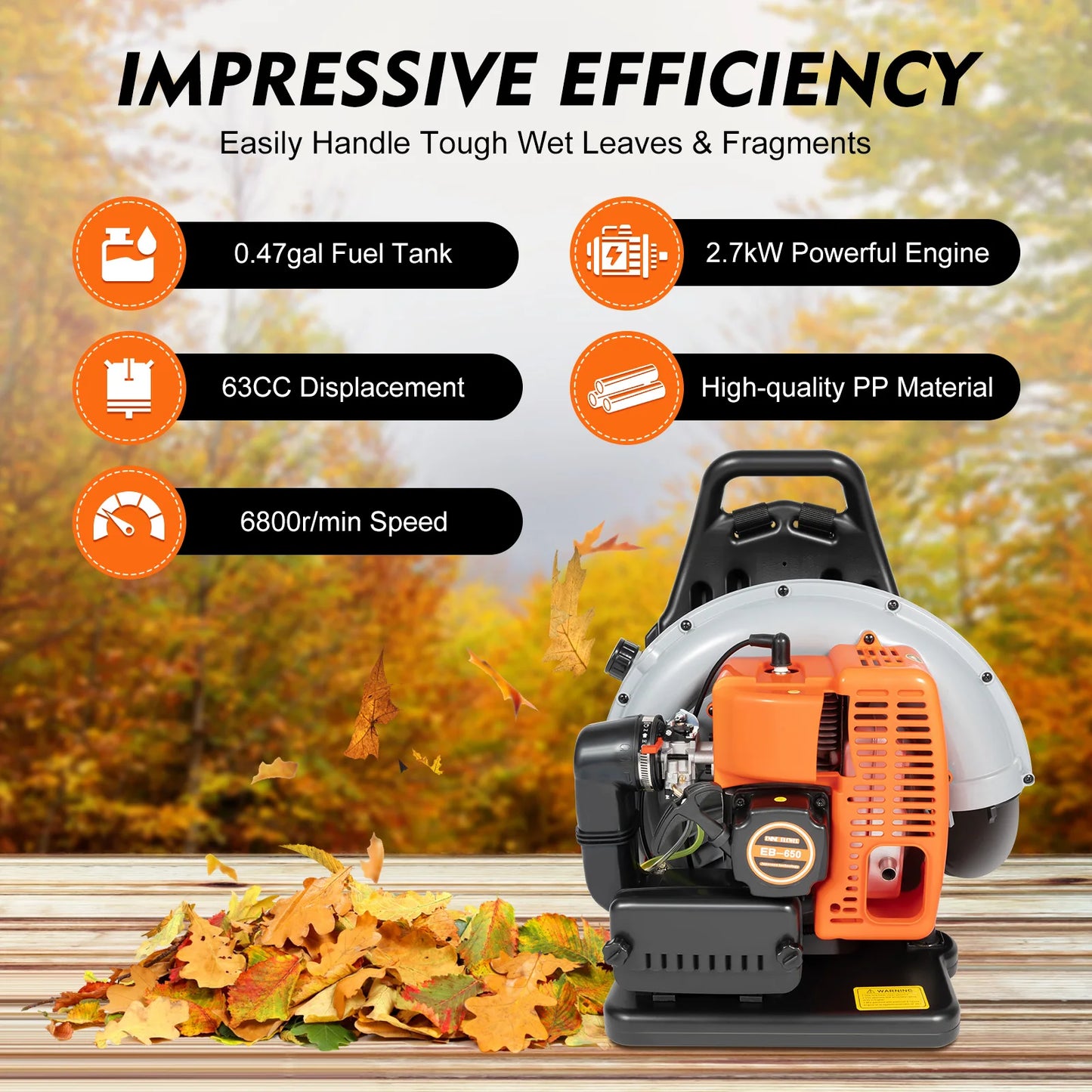 2700W Backpack Leaf Blower 63CC 2 Stroke Gas Powered Leaf Blowers W/ 1.8L Fuel Tank, Air Cooling Gasoline Grass Blower for Yard