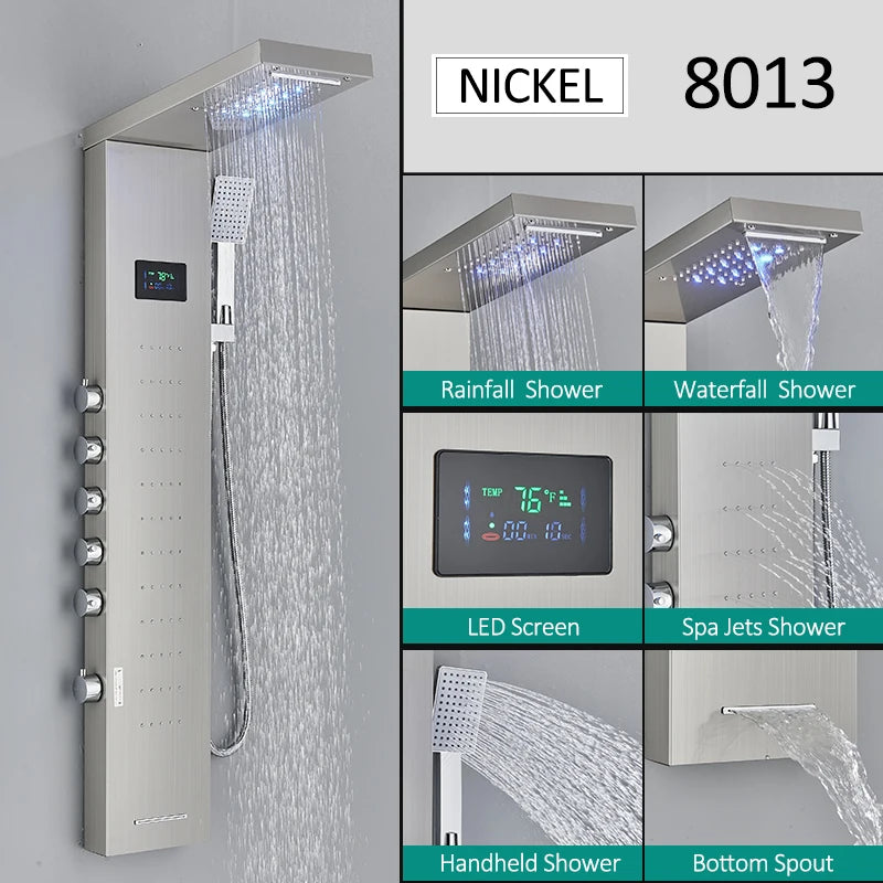 LED Shower Panel Tower System with Rainfall & Waterfall, Hydroelectric LCD Display, Body Massage Jets & Thermostatic Faucet – Black Stainless Steel