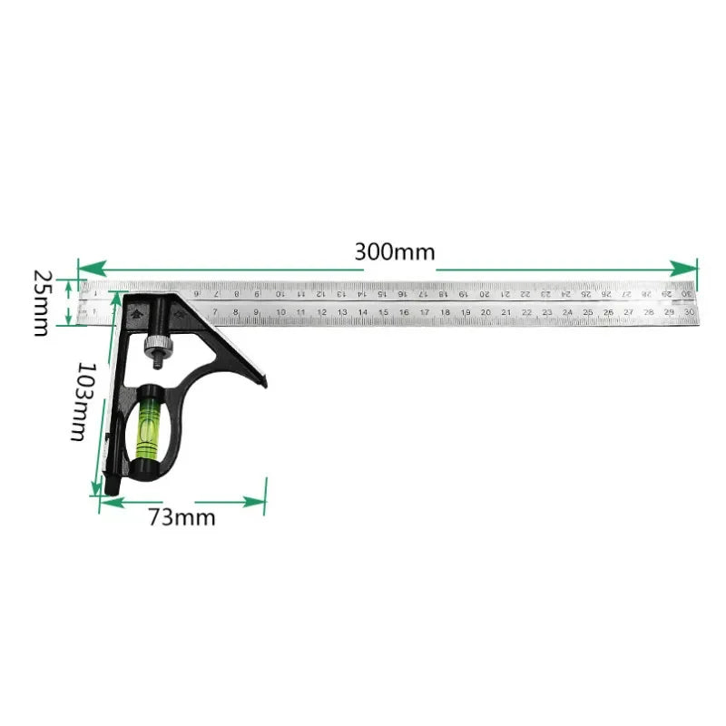 300mm Stainless Steel Combination Square Ruler – Movable 45° & 90° Angle Carpenter Woodworking Measuring Tool