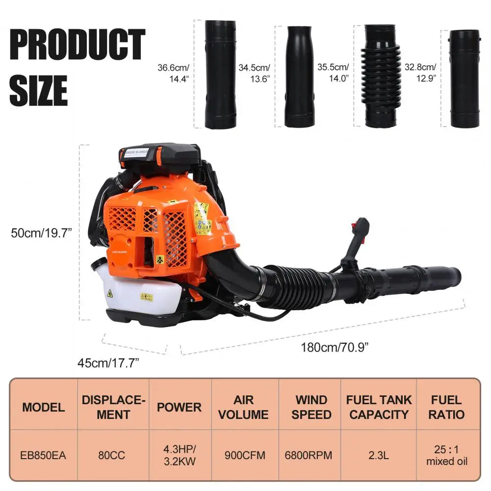 80CC Backpack Gas Leaf Blower, 900 CFM Gas Powered Snow Blowers Powerful Clearing Tools for Lawn Care Yard Dust Debris