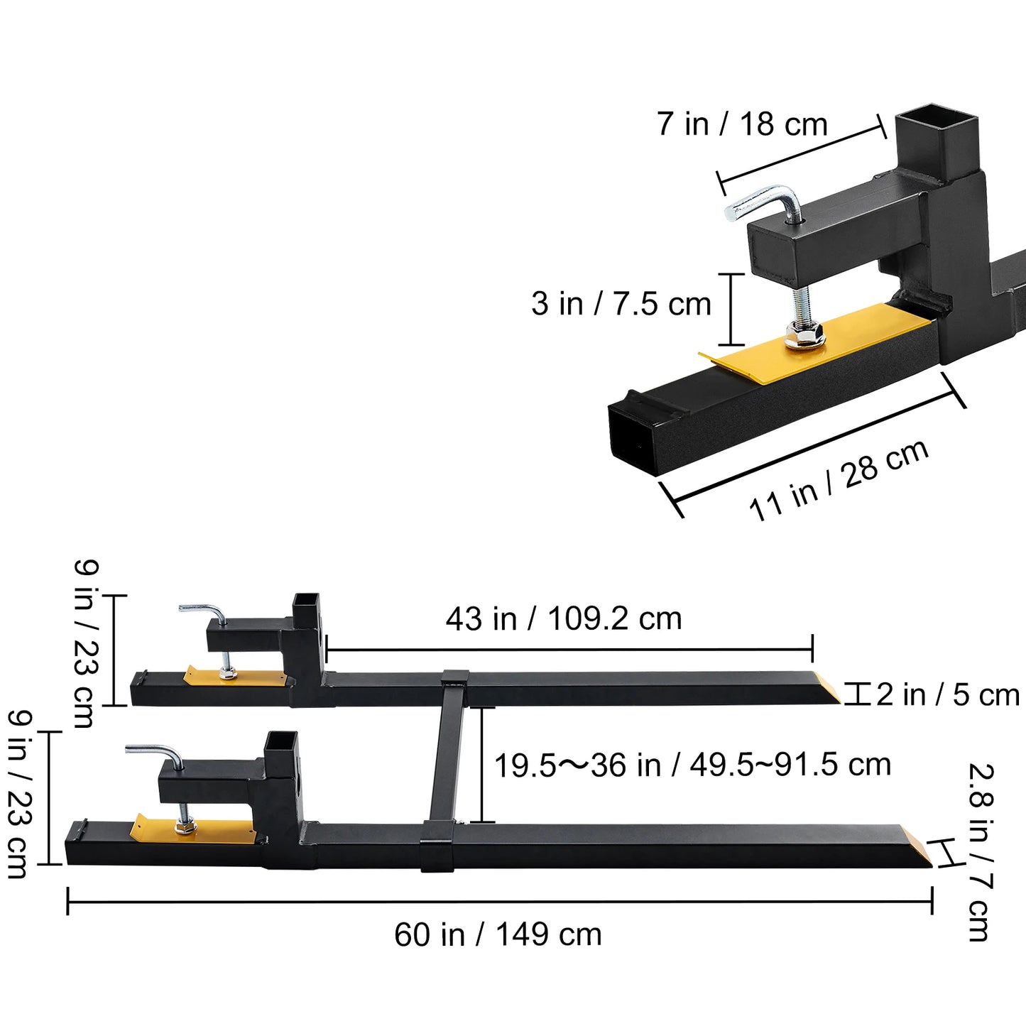 43"/60" Clamp-On Pallet Forks – 2000/4000 lbs Tractor Bucket Attachments for Skid Steer & Loader