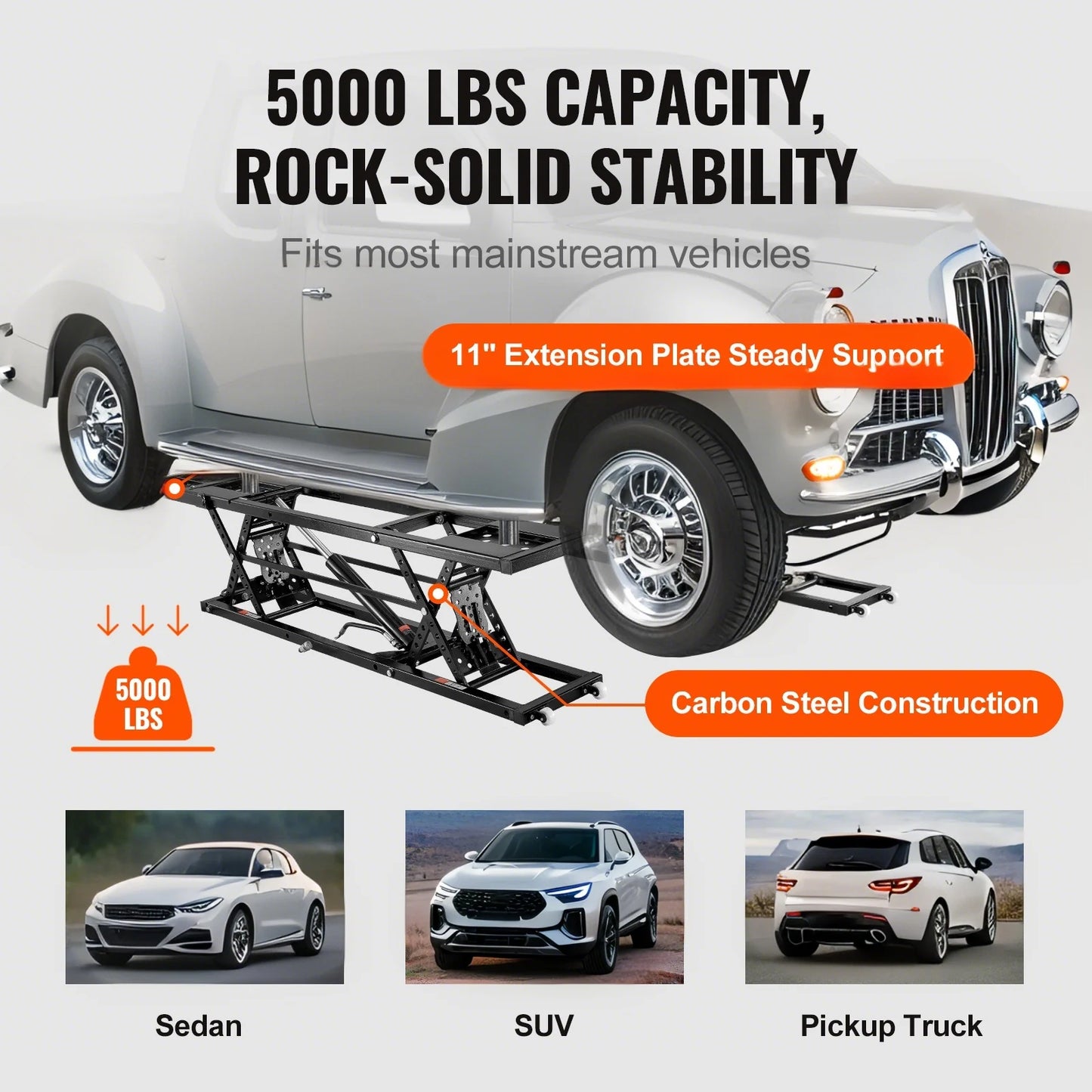 5000lb Portable Car Lift with Extended-Length Plates Carbon Steel Truck Lift with 120V Power Unit for Home Garage Shop