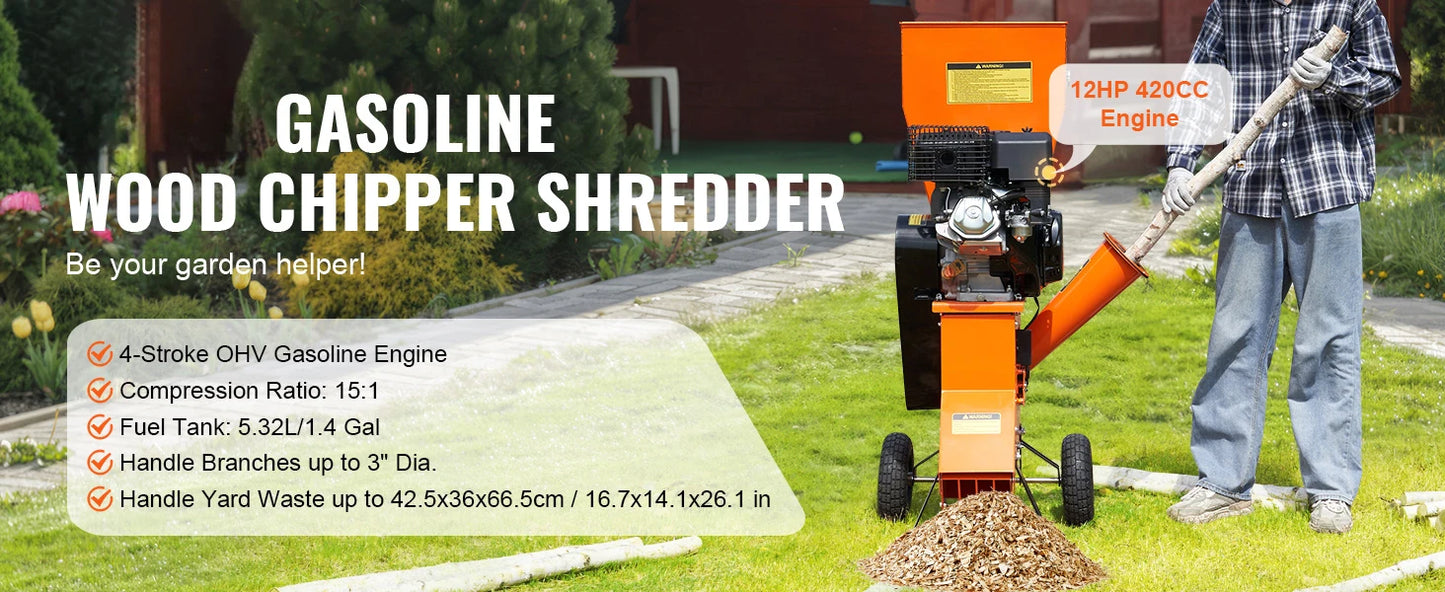 Wood Chipper Shredder Mulcher Heavy Duty Gas Powered 4.1/8.6KW Woodchipper Fast Wood Chipping Chopping for Forestry