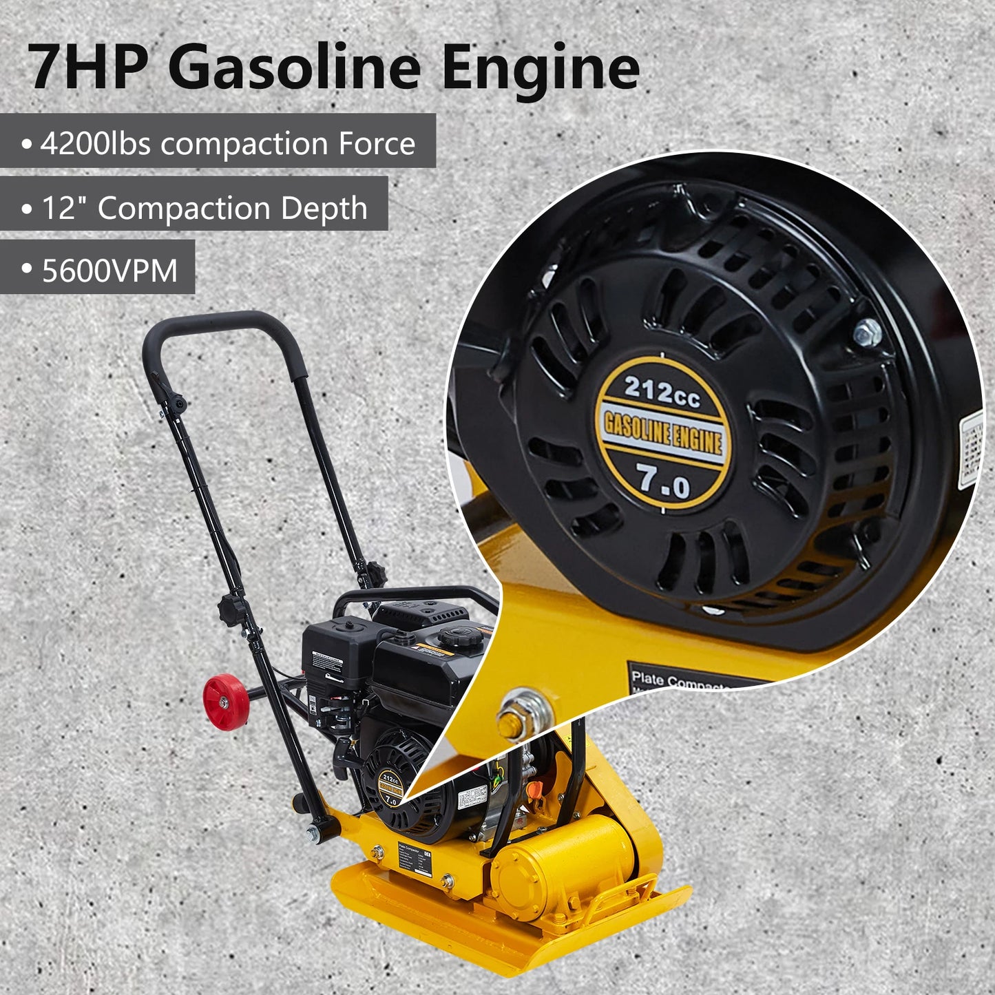 7HP Plate Compactor Rammer, 212CC Gas Engine, 4200lbs Compaction Force Rammer Jumping Jack Tamper, 22.1x15.9 Inch Plate
