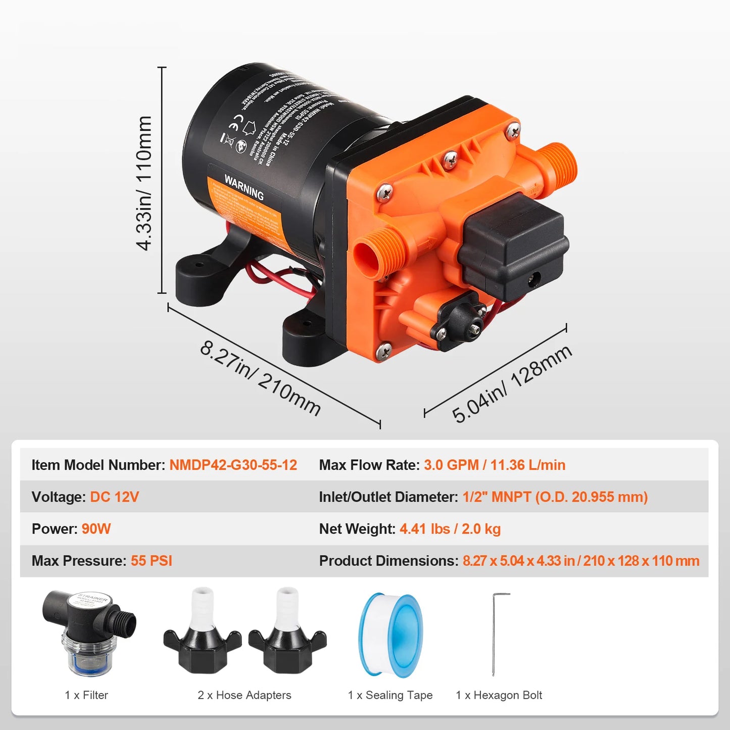 Diaphragm Water Pump 12V – 1.8 to 5.0 GPM | 40–100 PSI Adjustable | RV, Boat, Food Truck Use
