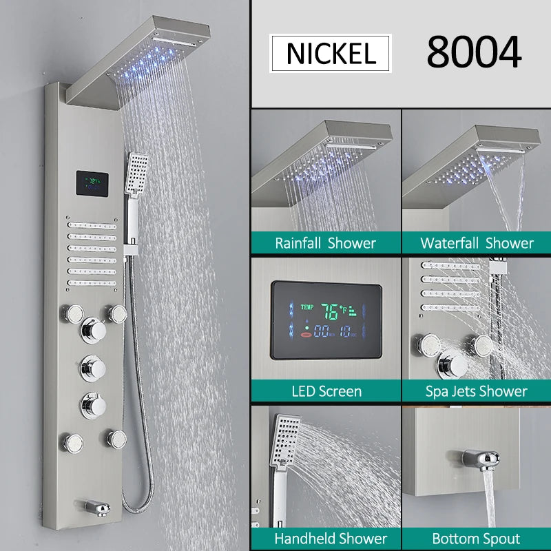 LED Shower Panel Tower System with Rainfall & Waterfall, Hydroelectric LCD Display, Body Massage Jets & Thermostatic Faucet – Black Stainless Steel