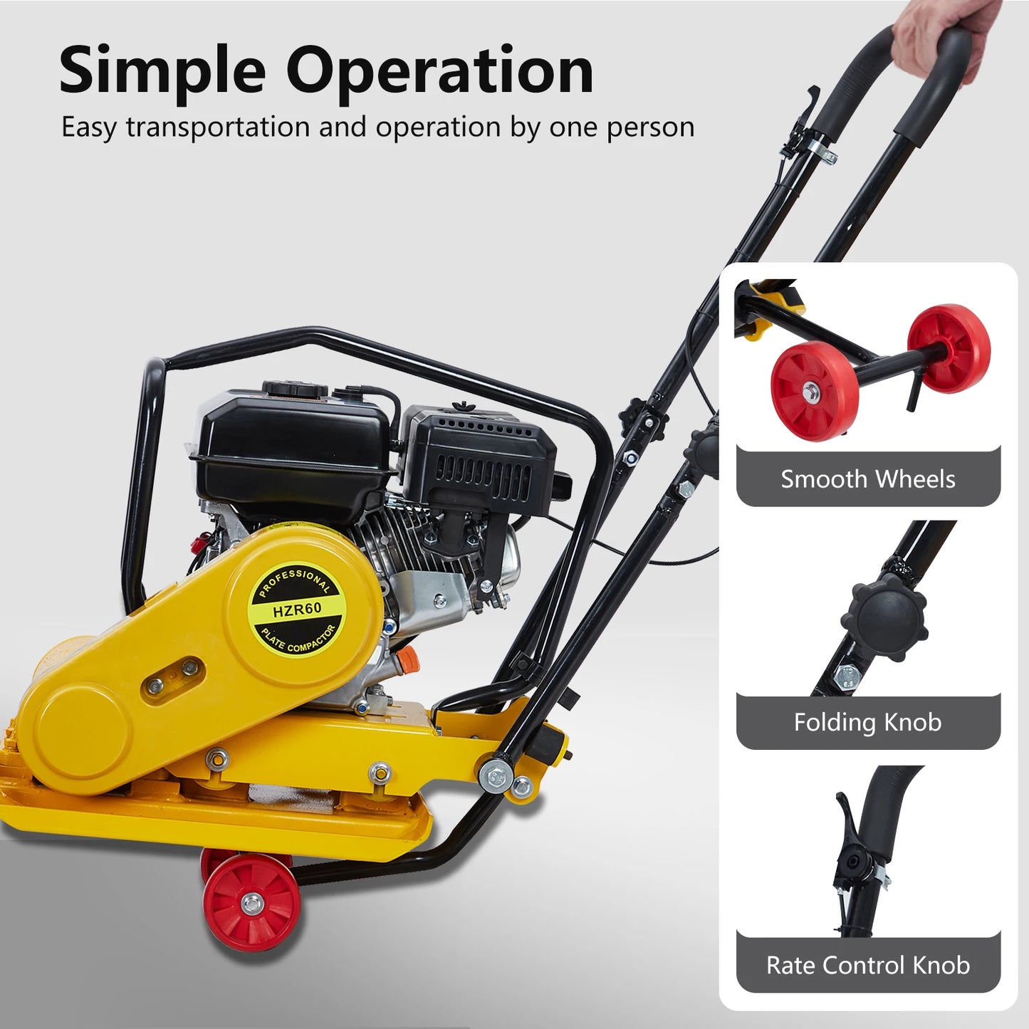 7HP Plate Compactor Rammer, 212CC Gas Engine, 4200lbs Compaction Force Rammer Jumping Jack Tamper, 22.1x15.9 Inch Plate