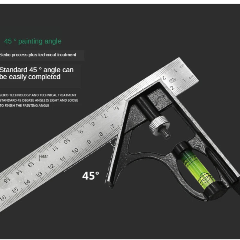 300mm Stainless Steel Combination Square Ruler – Movable 45° & 90° Angle Carpenter Woodworking Measuring Tool