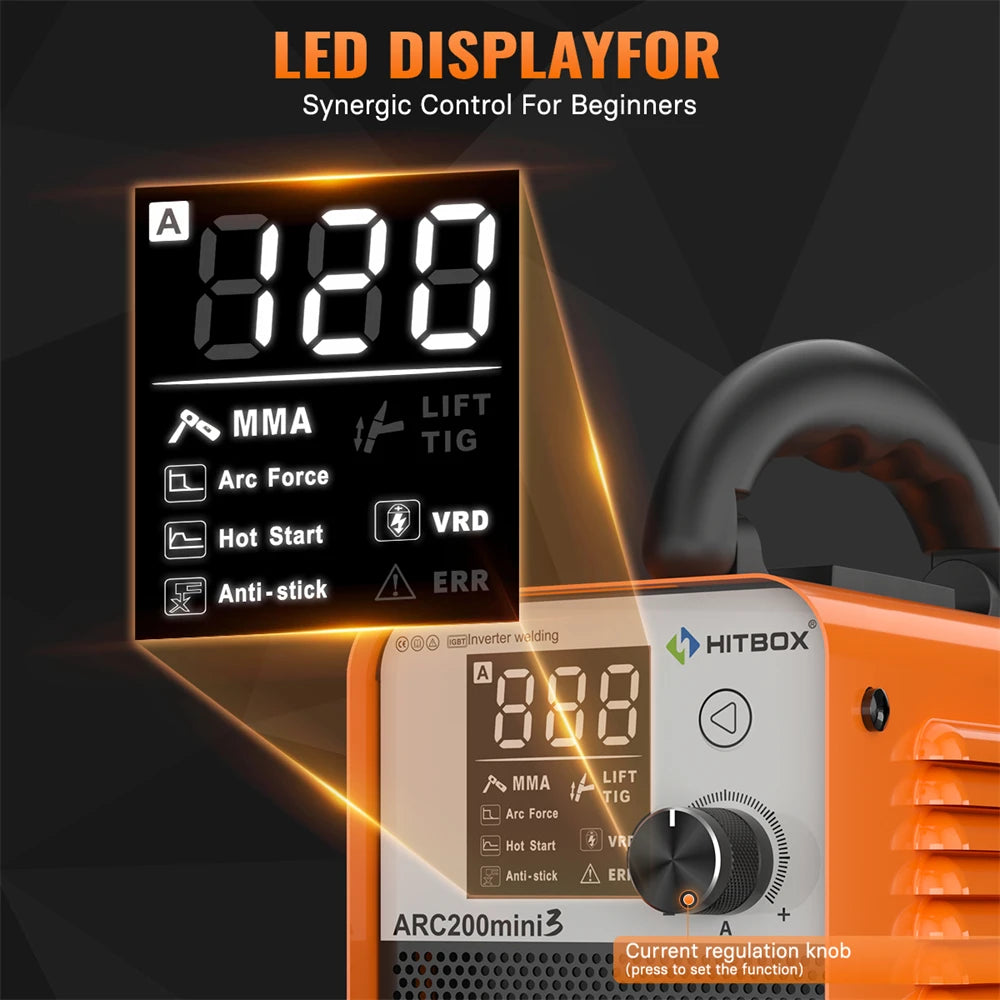 HITBOX ARC-200 Mini Inverter Welder 2-in-1 MMA/LIFT TIG 110V–220V Portable Digital IGBT