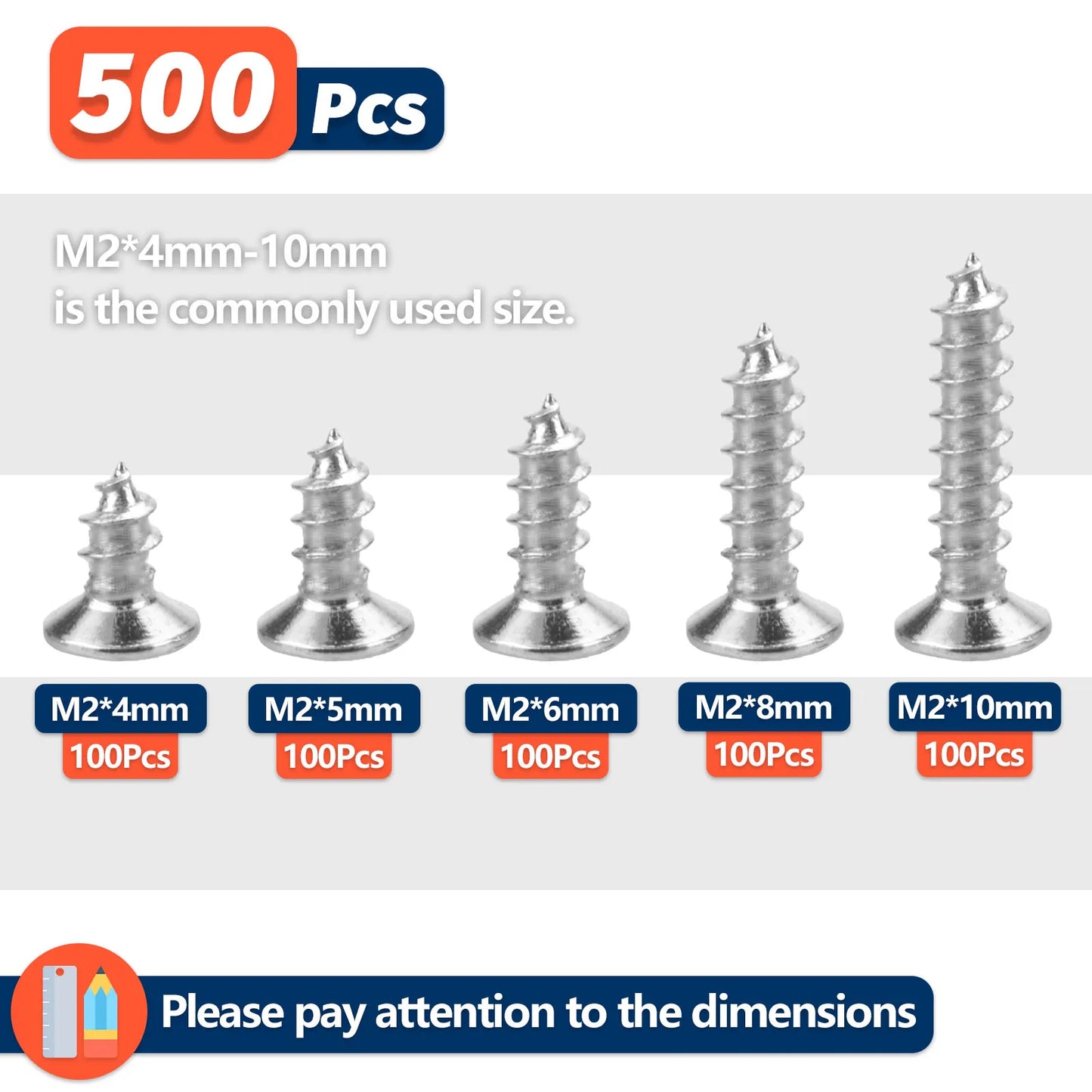 500pcs M2 Self-Tapping Screws Kit – Flat Head Phillips Drive, 5 Sizes, Alloy Steel for Wood & DIY Projects