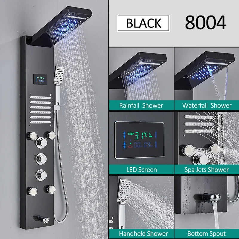 LED Shower Panel Tower System with Rainfall & Waterfall, Hydroelectric LCD Display, Body Massage Jets & Thermostatic Faucet – Black Stainless Steel