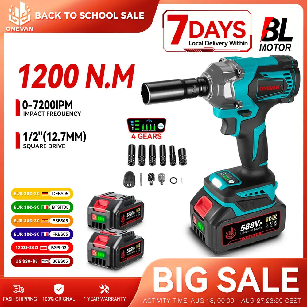 ONEVAN 1200N.M Brushless Cordless Electric Impact Wrench 1/2" | 3-in-1 Power Tool with Drill & Screwdriver Function – For Makita 18V Battery