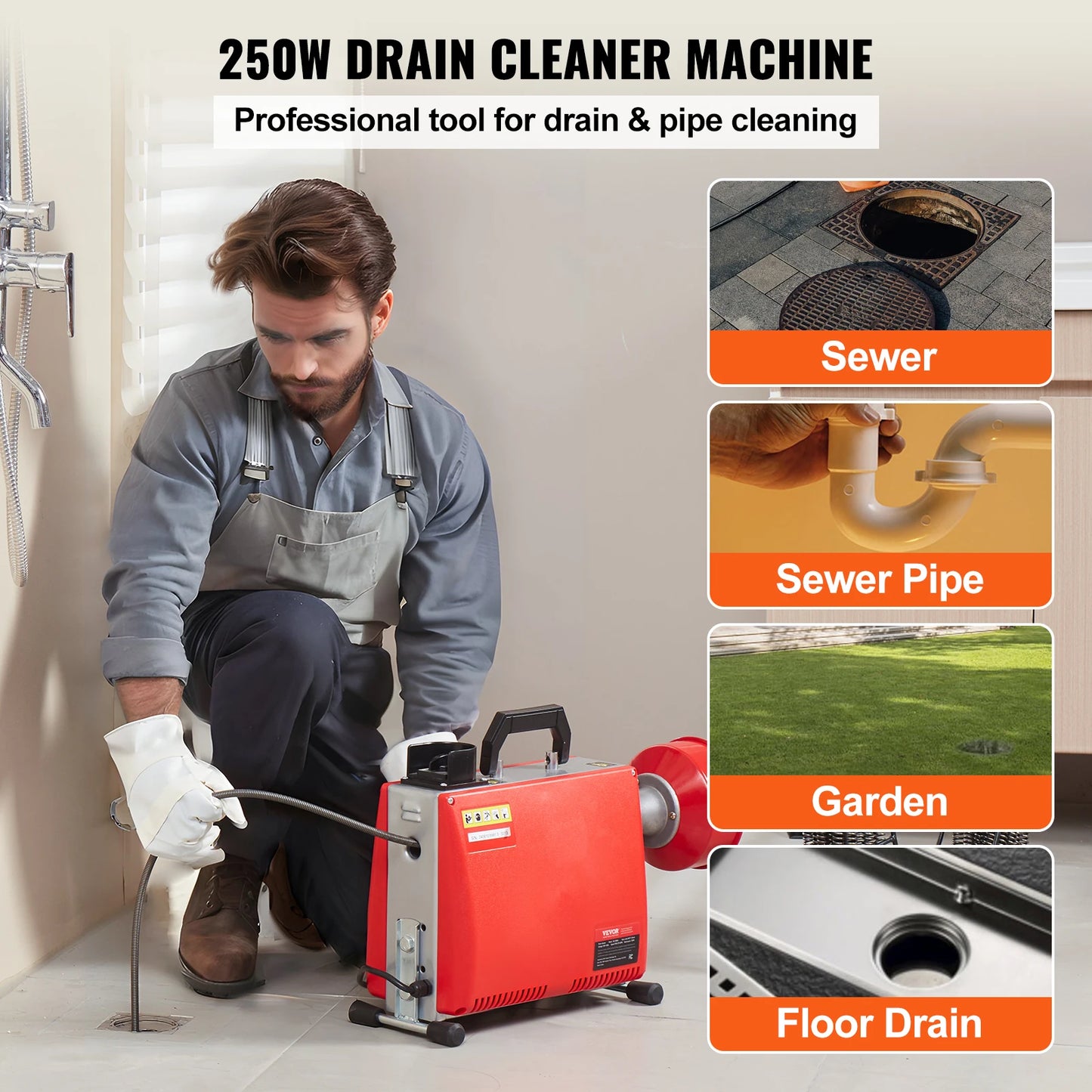 Drain Cleaner Machine 250W Electric Sewer Snake Auger Manual Feed with 7 Cutters 2 Steel Cables CW/CCW Control for Home