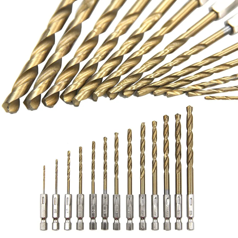 13PCS Hex Shank Titanium Plated Twist Drill Bit Set 1.5–6.5mm for Wood Plastic Metal – Electric Screwdriver Reaming Tools