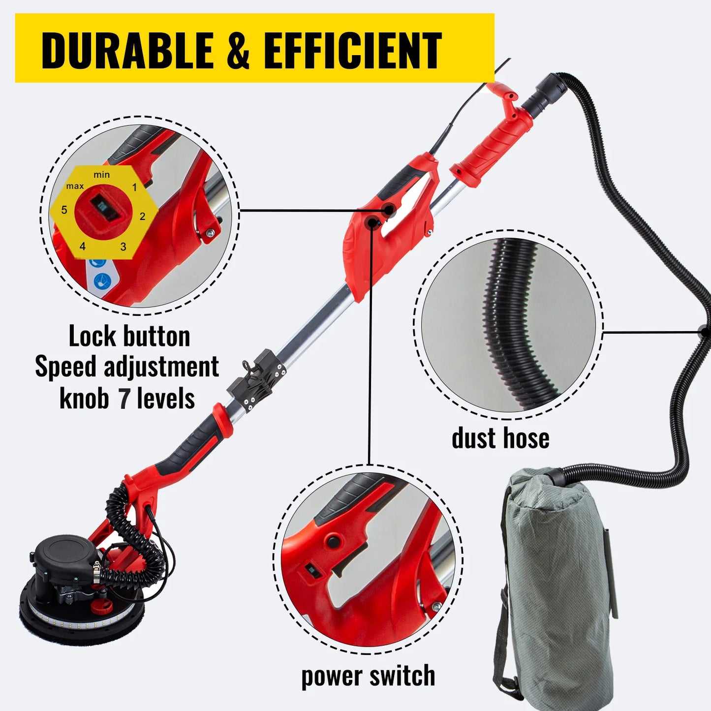 Drywall Sander 850W – Variable Speed 800–1750 RPM | LED Light, Telescopic Handle, Vacuum Bag Included